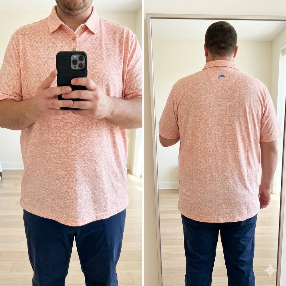 Tommy‎ Bahama Men's XXL Polo Shirt Orange Geometric All Over Print IslandZone